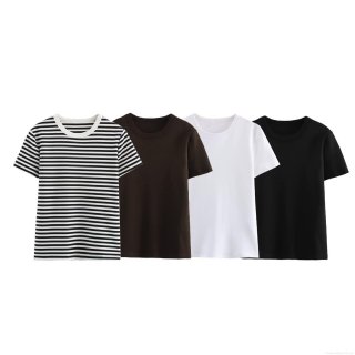 Women's Casual Knitted T-Shirt Basic Round Neck Short Sleeve Multi-color Striped Top Breathable Soft Lightweight Tee For Women Daily Wear