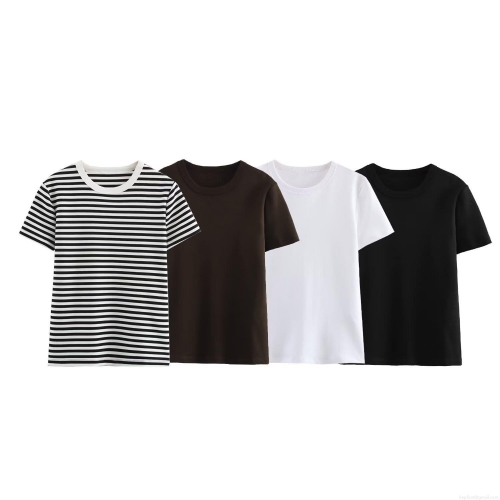 Women's Casual Knitted T-Shirt Basic Round Neck Short Sleeve Multi-color Striped Top Breathable Soft Lightweight Tee For Women Daily Wear
