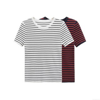 Women's Contrast Striped Ribbed Knit T-Shirt Slim Fit Short Sleeve Crew Neck Mercerized Cotton Blend Casual Summer Top