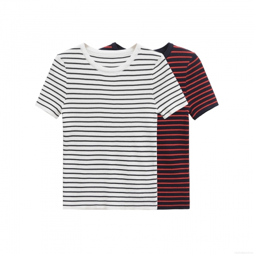 Women's Contrast Striped Ribbed Knit T-Shirt Slim Fit Short Sleeve Crew Neck Mercerized Cotton Blend Casual Summer Top