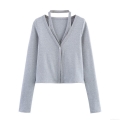 Women's Fashion Halter Neck Knit T-Shirt V-Neck Long Sleeve Fake Two-Piece Top Casual Solid Color Cotton Blend Layered Outerwear For Daily Wear Minimalist Style Slim Fit Grey
