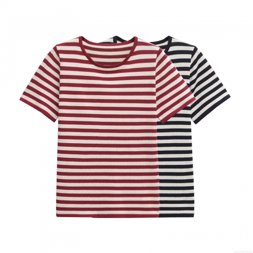 Women's Striped Short Sleeve Knit T-Shirt Mercerized Cotton Polyester Ribbed Round Neck Minimalist Casual Slim Fit Top For Summer Daily Wear