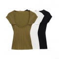Women's Ribbed Knit Slim Fit T-Shirt Polyester Spandex Round Neck Short Sleeve Solid Color Basic Summer Top For Daily Wear Casual