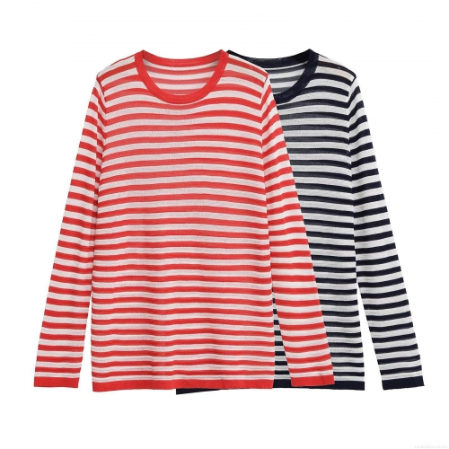 Women's Casual Striped Long Sleeve Knit T-Shirt Mercerized Cotton Round Neck Loose Pullover Top Spring Summer Fashion Minimalist Striped Pattern Comfortable Tee Shirt