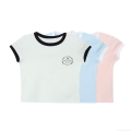 Women's Ribbed Knit Crop Top Short Sleeve Ringer T-Shirt Vintage Sports Tournament Print Round Neck Casual College Style Slim Fit Summer Tee