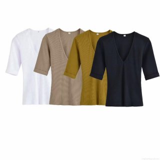Women's V-Neck Short Sleeve T-Shirt Slim Fit Ribbed Knit Polyester Spandex Basic Solid Color Top Casual Summer Stretchy Tee For Ladies