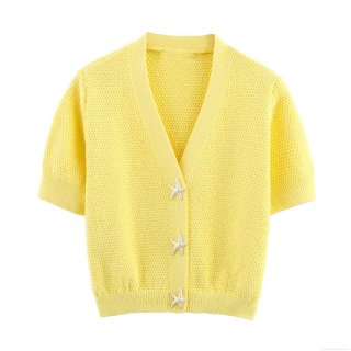 Women's Summer Short Sleeve Knitted Cardigan V Neck Starfish Button Detail Casual Knit Top Honeycomb Texture Breathable Tee For Women Beach Vacation Style