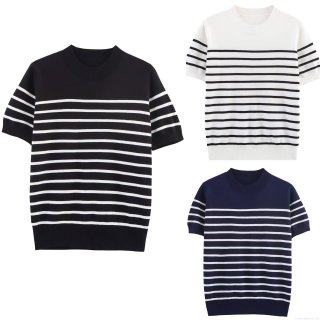 Women's Casual Striped Knit T-Shirt Round Neck Short Sleeve Summer Top Loose Comfortable Polyester Tee For Daily Wear Versatile Fashion Clothing