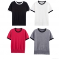 Women's Casual Knit T-Shirt Contrast Color Trim Round Neck Short Sleeve Pullover Slim Fit Striped Ribbed Summer Knitwear Top For Women