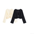 Women Elegant Solid Color V-Neck Ruched Button Front Long Sleeve Cropped T-Shirt Slim Fit Fashion Blouse Top For Summer