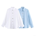 Women's Casual Faux Linen Long Sleeve Shirt Button Down Loose Solid Color Blouse With Lapel Collar Simple All-Match Woven Top For Daily Office Streetwear