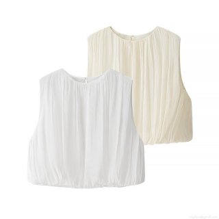 Women's Sleeveless Pleated Top Fashion Elegant Round Neck Solid Color Loose Bubble Hem Vest Summer Casual Polyester Spandex Shirt