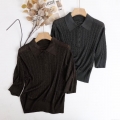Women's Casual Cable Knit Polo Shirt Short Sleeve Acrylic Polyester Nylon Wool Blend Top Retro Solid Color Textured Button Down Knitwear T-Shirt for Women