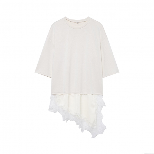 Women's Fashion Lace Satin Splicing T-Shirt Round Neck Short Sleeve Top With Asymmetric Hem Patchwork Casual Western Style Solid Color Pullover For Women Daily Wear Breathable Knit Fabric Clothing