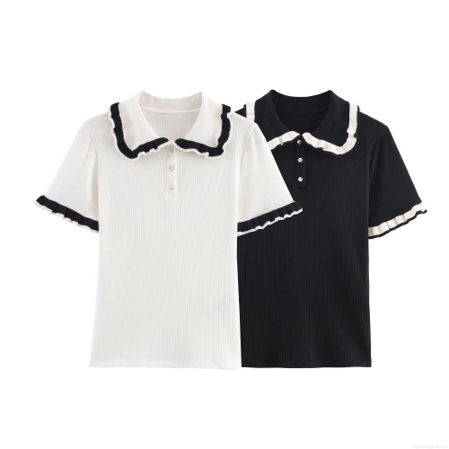 Women's Sweet Knit Polo Shirt Contrast Ruffle Collar Short Sleeve Slim Fit Ribbed Knitted T-Shirt With Crystal Buttons Autumn Casual Top