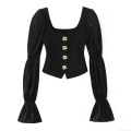 Women Sexy Square Neck Long Sleeve T-Shirt Polyester Spandex Satin Patchwork Puff Sleeve Top With Gold Flower Buttons Ruffle Cuffs Slim Fit Elegant Club Party Autumn Tee