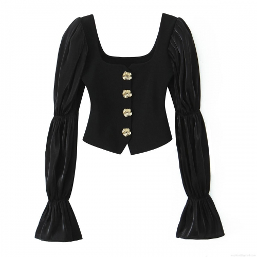 Women Sexy Square Neck Long Sleeve T-Shirt Polyester Spandex Satin Patchwork Puff Sleeve Top With Gold Flower Buttons Ruffle Cuffs Slim Fit Elegant Club Party Autumn Tee