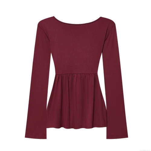 Women's Elegant V-Neck Twist Knot T-Shirt Ruched Front Flare Long Sleeve Blouse Slim Fit Solid Color Polyester Spandex Top For Party Date Casual
