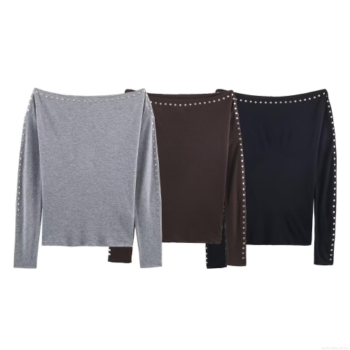 Women's Off-The-Shoulder Long Sleeve T-Shirt Polyester Spandex Studded Detail Casual Pullover Top For Daily Winter Fashion Women