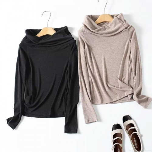 Women's Stacking Collar Long Sleeve Knit T-Shirt Slim Fit Tencel Polyester Rayon Blend Solid Color Base Layer Top Elegant Casual Minimalist Style