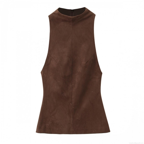 Women's Fashion Elegant High Neck Sleeveless Suede Top Slim Fit Solid Color Commute Vest With Back Zipper For Winter Spring Autumn
