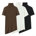 Women's Asymmetric Hem High Neck Short Sleeve T-Shirt Polyester Knit Solid Color Slim Fit Top Casual Streetwear Basic Tee For Summer Women Clothing