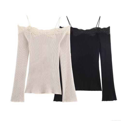 Women's Off Shoulder Lace Patchwork Long Sleeve Ribbed Knit T-Shirt Slim Fit Strappy Top Streetwear
