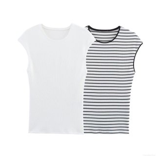 Women's Sleeveless Ribbed Tank Top Slim Fit Polyester Knit T-Shirt Casual Stripe White Crew Neck Summer Vest Top For Women Streetwear