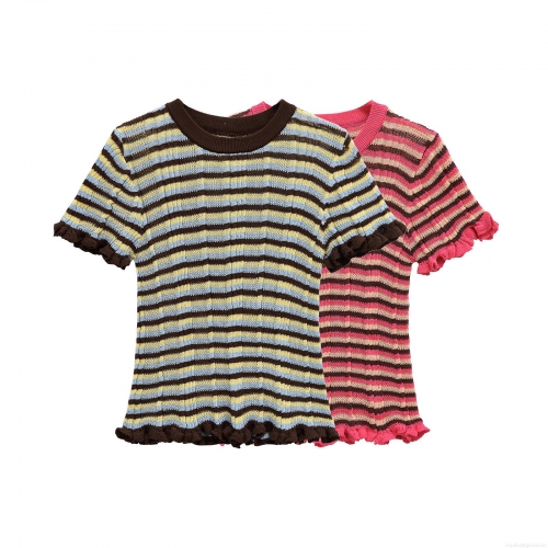 Women's Striped Knit T-Shirt Mercerized Cotton Ruffle Hem Short Sleeve Round Neck Loose Casual Streetwear Tops