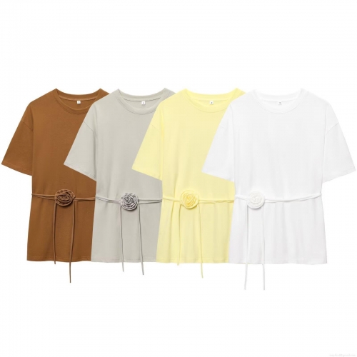 Women's Casual Short Sleeve Round Neck T-Shirt With Handmade 3D Rose Flower Waist Tie Decoration Streetwear Polyester Solid Color Top For Women