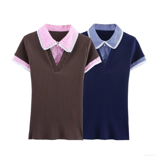Women's Polo Collar Short Sleeve Ribbed Knit T-Shirt Plaid Patchwork V-Neck Top With Lace Trim Casual Summer Streetwear Tee
