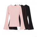 Women Flare Sleeve Ribbed Knit T-Shirt Slim Fit Round Neck Long Sleeve Polyester Casual Streetwear Top for Women Pink Brown Black