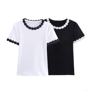 Women's Slim Fit Rib-Knit T-Shirt Featuring 3D Floral Lace Trim Round Neck Short Sleeve Basic Tee Casual Streetwear Summer Tops For Women