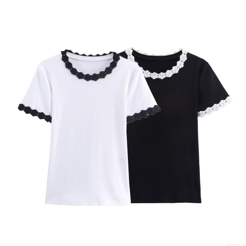 Women's Slim Fit Rib-Knit T-Shirt Featuring 3D Floral Lace Trim Round Neck Short Sleeve Basic Tee Casual Streetwear Summer Tops For Women