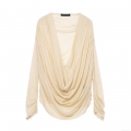 Women's Sexy Deep V Neck Ruched Long Sleeve T-Shirt Elegant Draped Neckline Slim Fit Pleated Solid Color Beige Top Casual Lightweight Knit Blouse