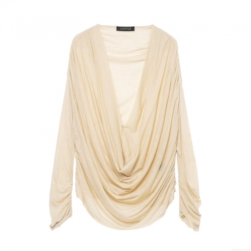 Women's Sexy Deep V Neck Ruched Long Sleeve T-Shirt Elegant Draped Neckline Slim Fit Pleated Solid Color Beige Top Casual Lightweight Knit Blouse