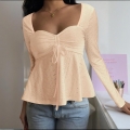 Women Eyelet Lace T-Shirt Polyester Spandex Long Sleeve Square Neck Drawstring Peplum Top Casual Slim Fit Blouse For Women