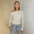 Women's Sexy Asymmetric Off-Shoulder Long Sleeve T-Shirt Slim Fit Pleated Polyester Knit Top Casual Elegant Solid Color Blouse for Women Party Dating