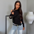 Women's Sexy Off Shoulder Asymmetric Long Sleeve T-Shirt Casual Solid Color Slim Fit Polyester Knit Blouse Top for Daily Party Autumn