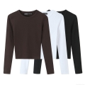 Women's T-Shirt Round Neck Long Sleeve Slim Fit Solid Color Ribbed Knit Top Daily Casual Streetwear For Women Ladies Soft Breathable Basic Apparel