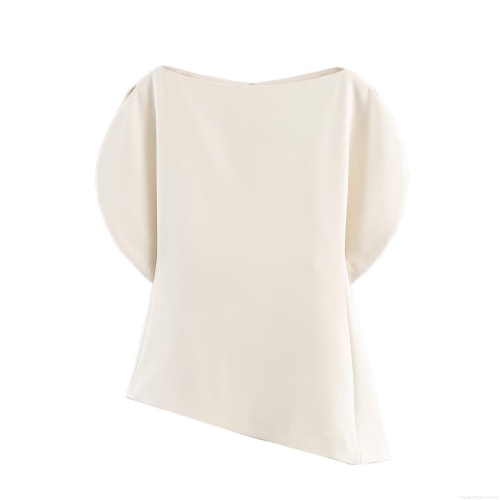 Women Fashion Puff Short Sleeve Top Solid Color Woven Blouse With Asymmetric Hem And Back Invisible Zipper Casual Elegant Streetwear Off White Tee