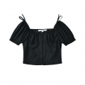 Women's French Vintage Cotton Square Neck Puff Sleeve Crop Top Tie Front Ruched Short Sleeve Casual T-Shirt Streetwear Summer Tops