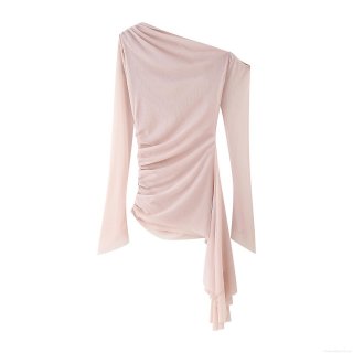 Women's Sexy Off-Shoulder Mesh Pleated T-Shirt Asymmetrical Long Sleeve Slim Fit Pullover Top With Streamer Elegant Streetwear For Daily Party