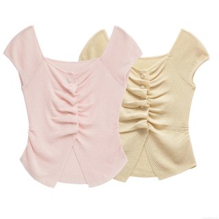 Women's Knitted Ruched T-Shirt Short Sleeve Square Neck Top Decorative Buttons Slim Fit Casual Streetwear Blouse For Women