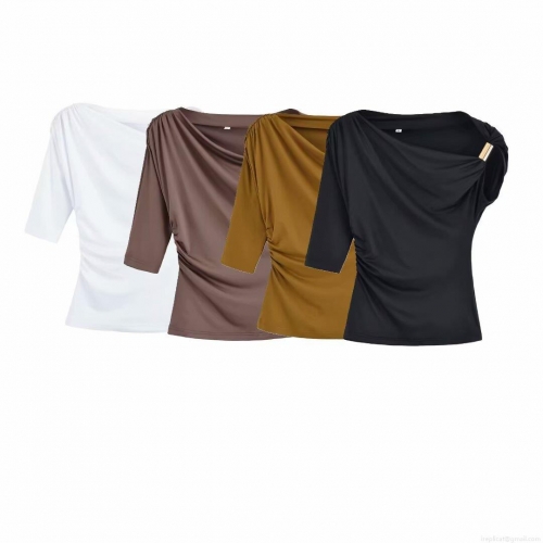 Women's Sexy Asymmetric Ruched Top One Shoulder Long Sleeve Tee With Metal Ring Detail Solid Color Polyester Casual Slim Fit Shirt