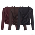 Women's Ruched Cross V Neck Long Sleeve T-Shirt 100% Polyester Solid Color Slim Fit Casual Base Layer Top for Women Streetwear