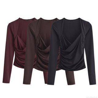 Women's Ruched Cross V Neck Long Sleeve T-Shirt 100% Polyester Solid Color Slim Fit Casual Base Layer Top for Women Streetwear