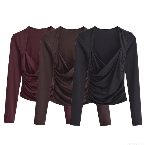 Women's Ruched Cross V Neck Long Sleeve T-Shirt 100% Polyester Solid Color Slim Fit Casual Base Layer Top for Women Streetwear