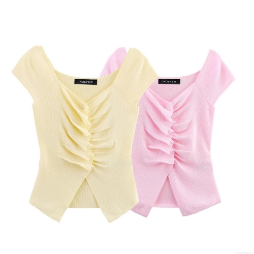 Women's Knitted Polyester Short Sleeve Top Slim Fit V-Neck Ruched Detail Ruffle Solid Color Sweet Style Shirt For Daily Dating