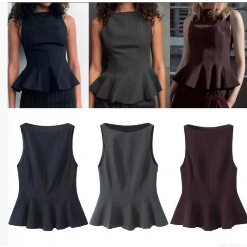 Women's Elegant Peplum Sleeveless Top Round Neck Slim Fit Ruffle Hem Tank Top For Office Party Daily Wear Summer Stripe Solid Color Polyester